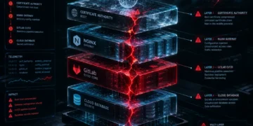Forensic visualization of the October 2026 DevSecOps cascade: eMudhra CA trust collapse, NGINX gateway overflow, GitLab CVSS 10.0 RCE, and Railway environment variable breach