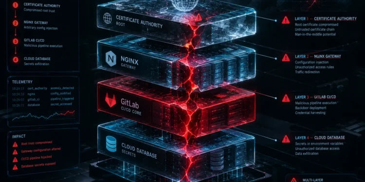 Forensic visualization of the October 2026 DevSecOps cascade: eMudhra CA trust collapse, NGINX gateway overflow, GitLab CVSS 10.0 RCE, and Railway environment variable breach