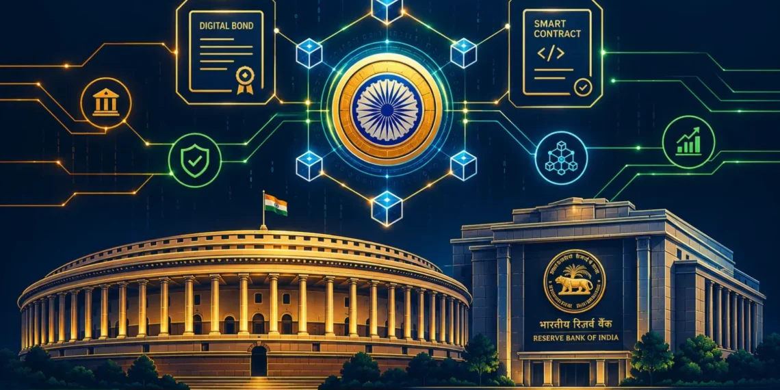 Illustration showing Indian financial regulatory institutions SEBI and RBI overseeing tokenized corporate bonds and wholesale CBDC Demat 2.0 settlement