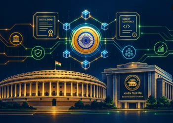 Illustration showing Indian financial regulatory institutions SEBI and RBI overseeing tokenized corporate bonds and wholesale CBDC Demat 2.0 settlement