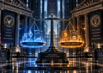 Architectural visualization of the US regulatory divide between the SEC and CFTC for digital assets in 2026