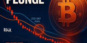 Bitcoin price chart showing death cross at $94k support; Fear & Greed Index at extreme fear 10; whale accumulation vs ETF outflows comparison